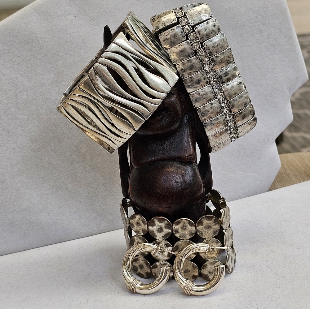 925 Earrings with Chunky Silvertone Stretch Bracelets SET! - Picture 3 of 12